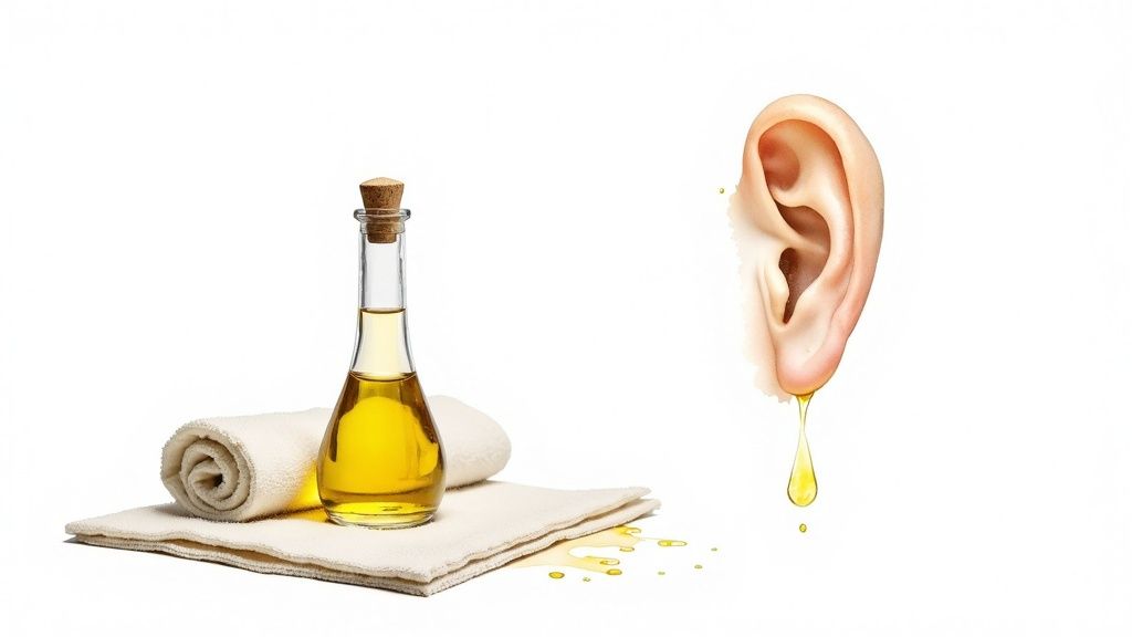 Huile naturelle dans une bouteille en verre près d'une oreille illustrant le traitement pour déboucher les oreilles