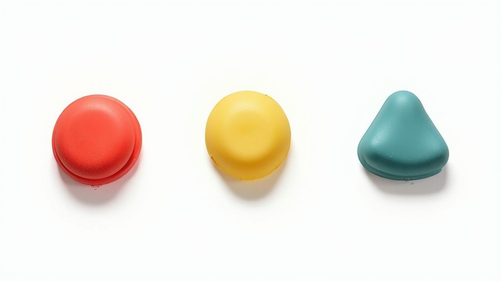 Trois bouchons en silicone colorés rouge, jaune et bleu de formes différentes sur fond blanc