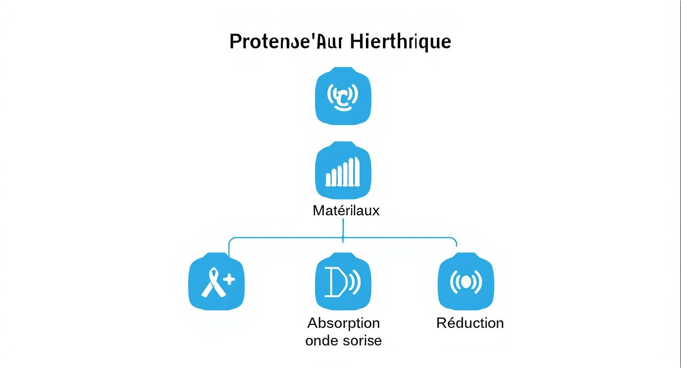 Infographie montrant la hiérarchie de la protection auditive, des matériaux à la réduction sonore.
