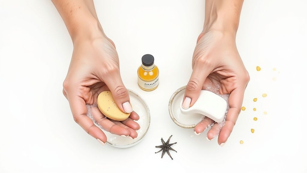 Mains tenant des bouchons d'oreilles en mousse et cire avec huile et étoile décorative