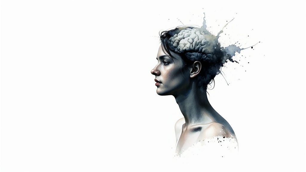 Personne assise dans une pièce sombre, tenant sa tête, illustrant le poids du stress et de l'anxiété.