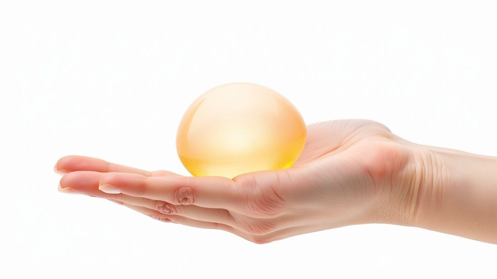 Main tenant délicatement une capsule ou bouchon en silicone jaune translucide sur fond blanc