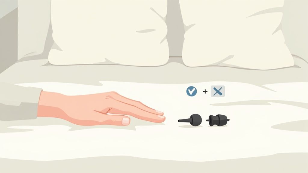 Une personne choisissant entre différents types de boules quies sur une table de chevet