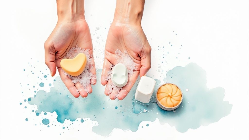 Mains tenant des savons artisanaux colorés avec mousse et accessoires de salle de bain sur fond aquarelle