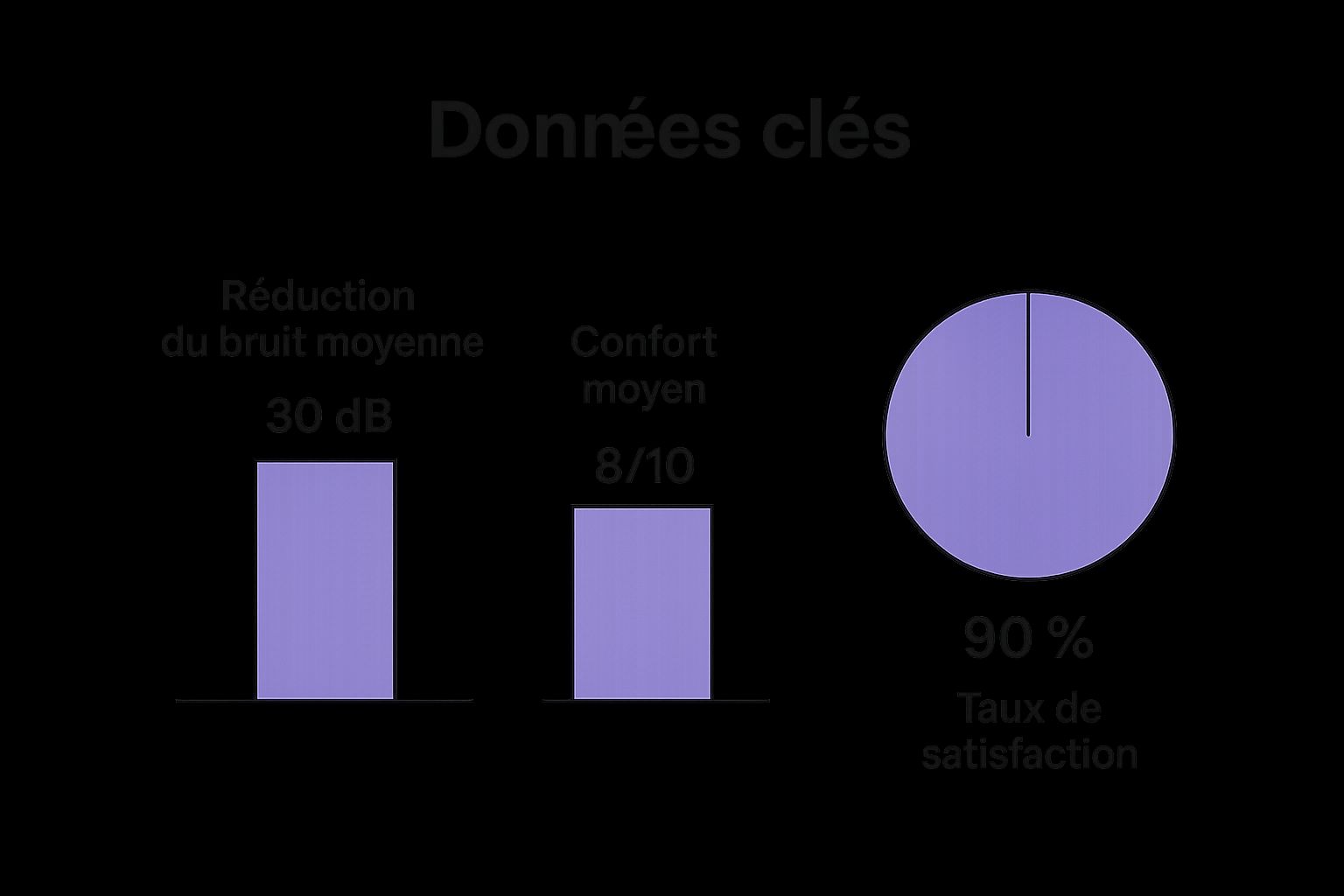 Infographie présentant la réduction de bruit moyenne (30 dB), le confort moyen (8/10), et le taux de satisfaction (90%) des utilisateurs de bouchons d'oreille.