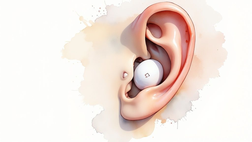 Une personne insérant délicatement un bouchon d'oreille sur mesure.