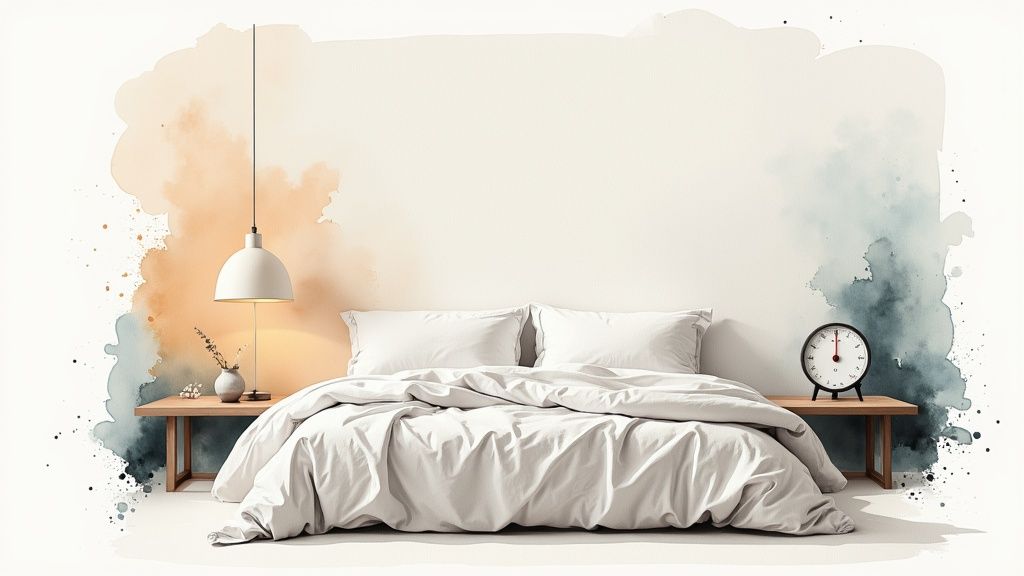 Une femme lisant un livre dans un lit confortable avec une tasse de thé à proximité