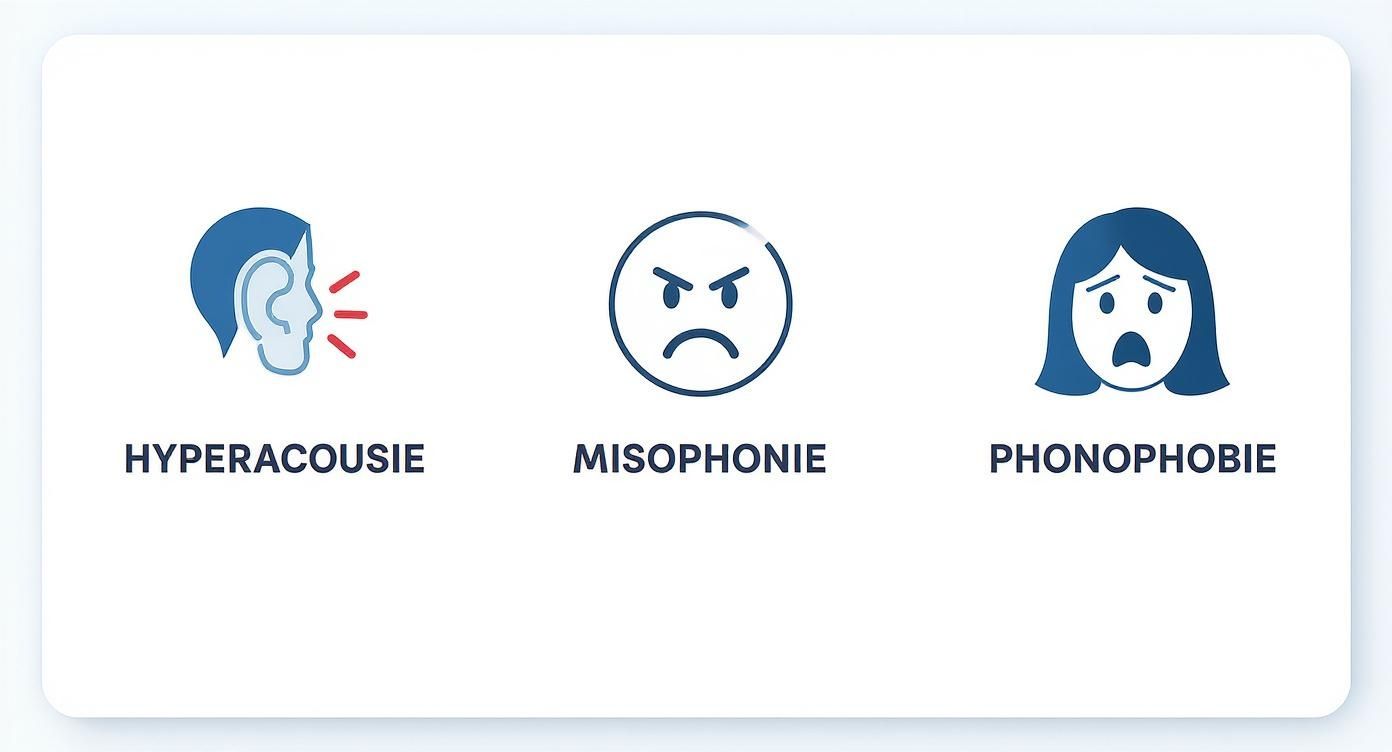 Trois types de sensibilité auditive illustrés : hyperacousie, misophonie et phonophobie avec leurs symptômes respectifs