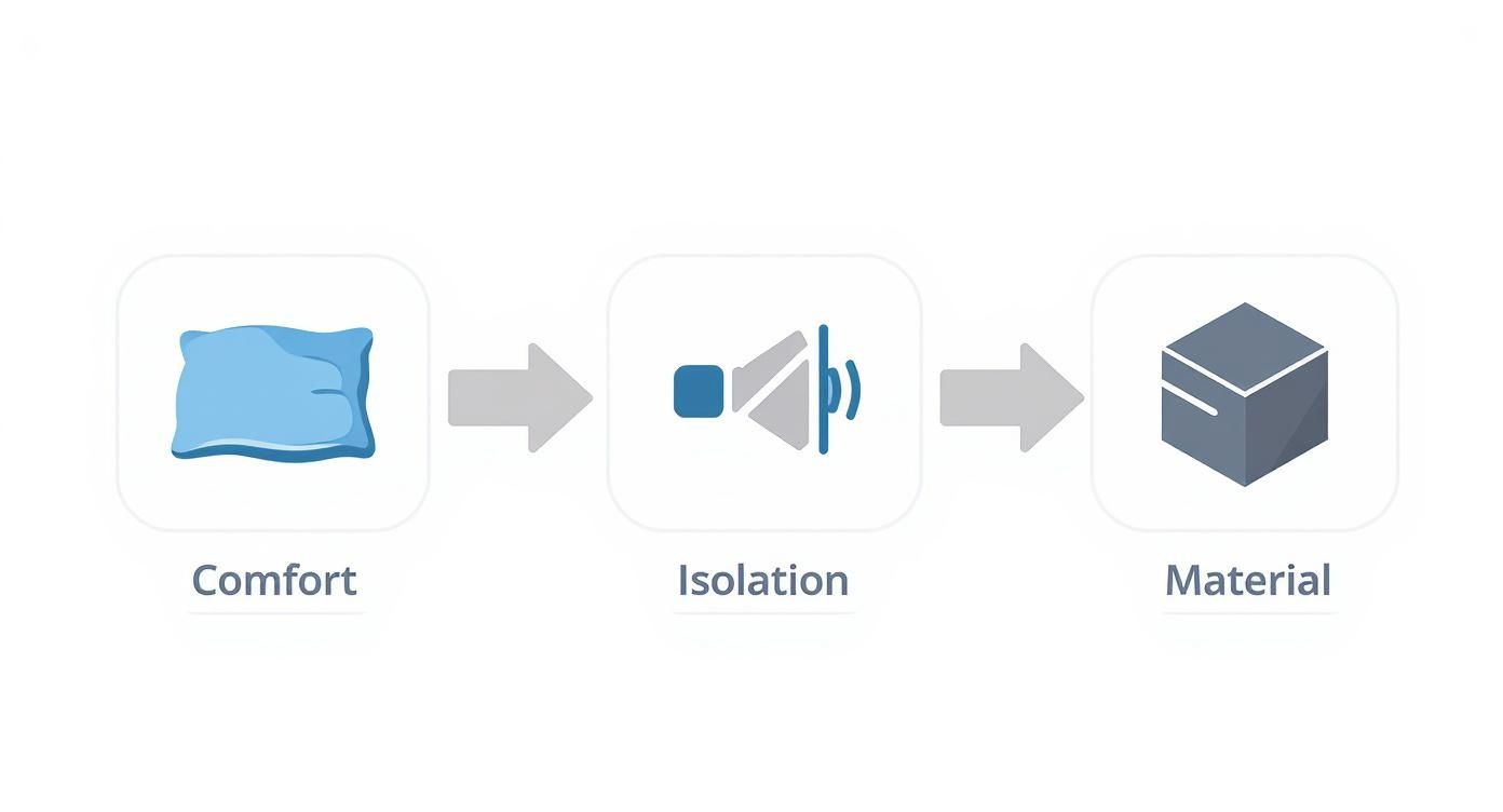 Infographie illustrant le processus de choix des bouchons d'oreilles basé sur le confort, l'isolation et le matériau