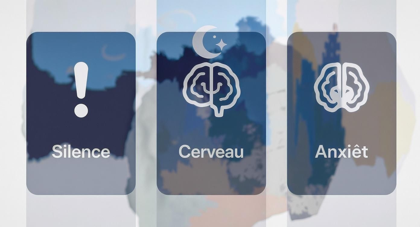 Infographie illustrant le lien entre silence, cerveau et anxiété pour les acouphènes nocturnes