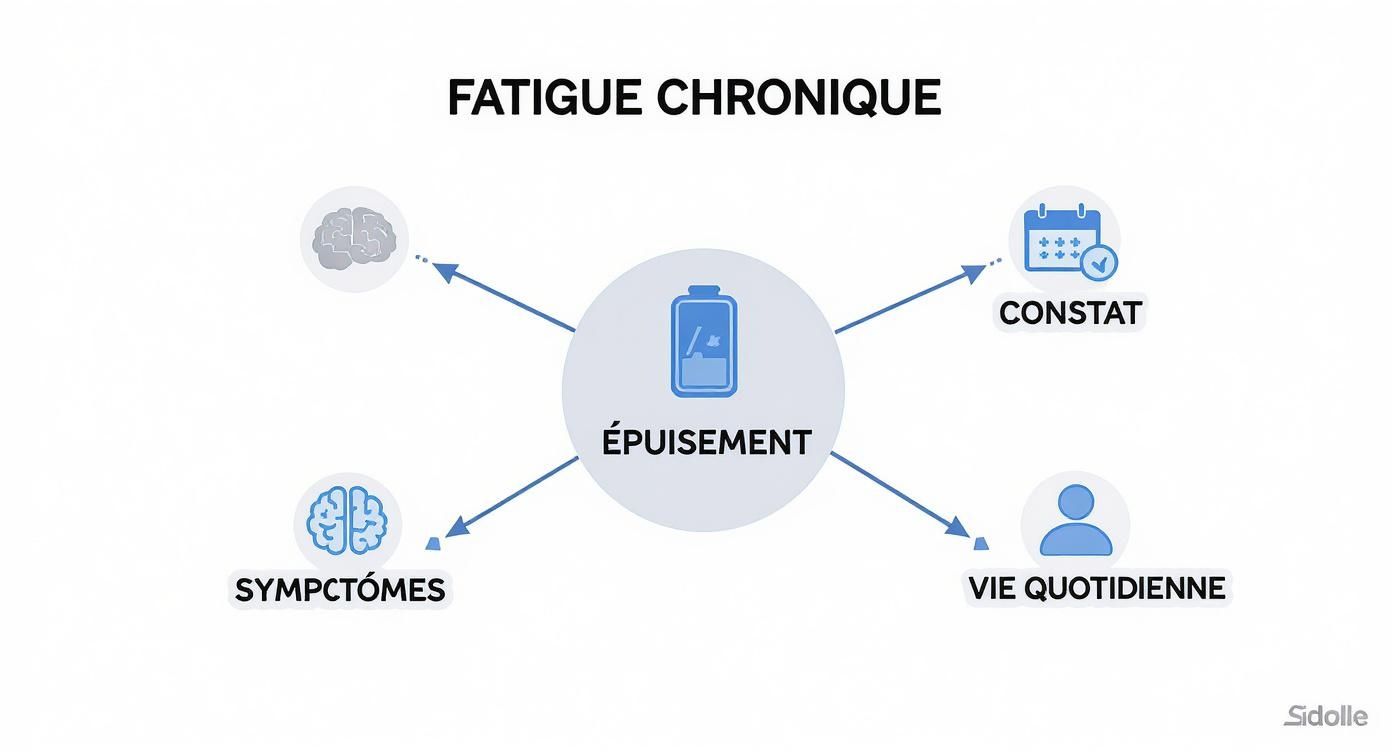 Diagramme illustrant la fatigue chronique, centrée sur l'épuisement, ses causes, symptômes et impact quotidien.