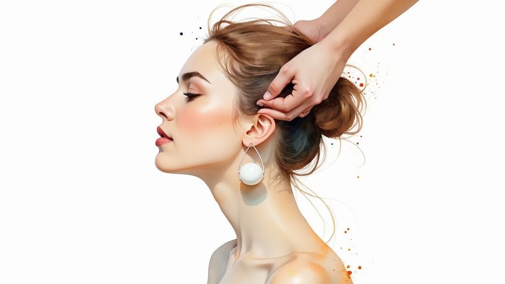 Une personne insérant correctement un bouchon d'oreille réutilisable