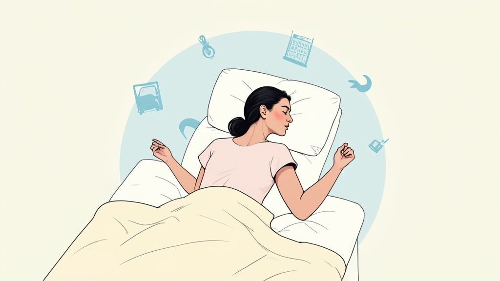 Une femme dort paisiblement dans un lit confortable et lumineux.