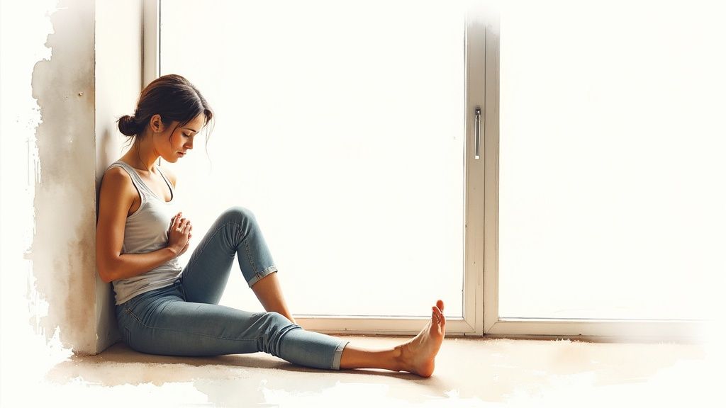 Une femme médite assise sur le sol près d'une fenêtre, les mains jointes, dans un espace lumineux et serein.