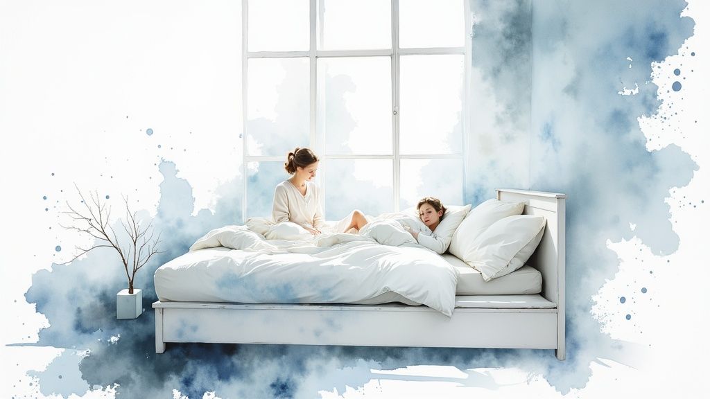 Une personne dormant dans une chambre sombre pendant la journée, avec des rideaux occultants.