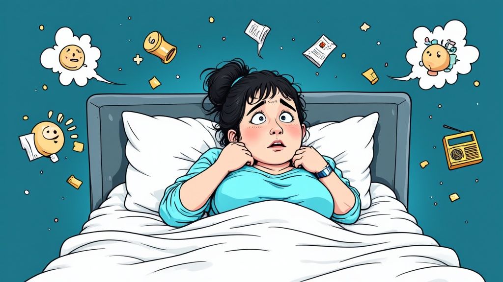 Personne dormant paisiblement avec une protection auditive, lumière douce.