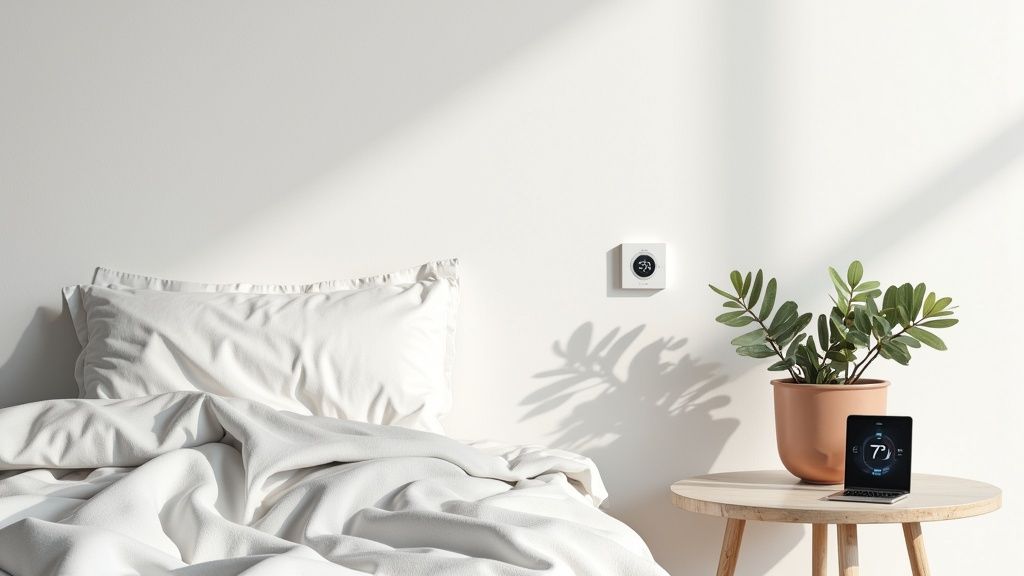 Chambre bien rangée et sombre, propice au sommeil.