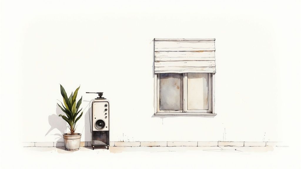 Une machine à bruit blanc posée sur une table de chevet à côté d'un lit bien fait, créant une ambiance sereine.