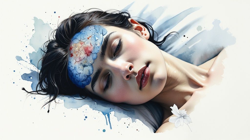 Personne stressée dans son lit la nuit, illustrant les réveils nocturnes liés à l'anxiété.