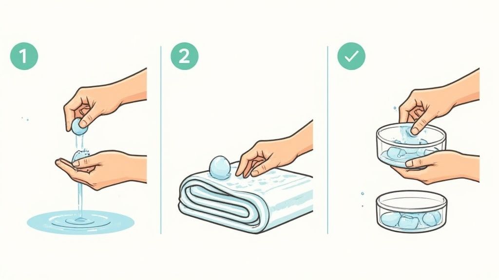 Une personne nettoyant délicatement une paire de boules quies réutilisables avec de l'eau et du savon.