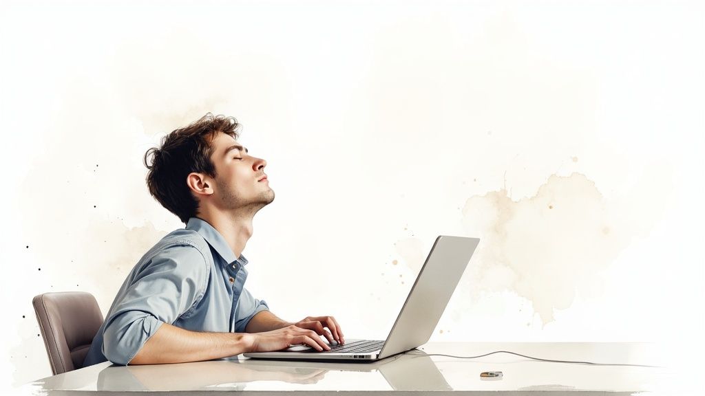 Un homme détendu, les yeux fermés et la tête en arrière, tape sur un ordinateur portable à un bureau simple.