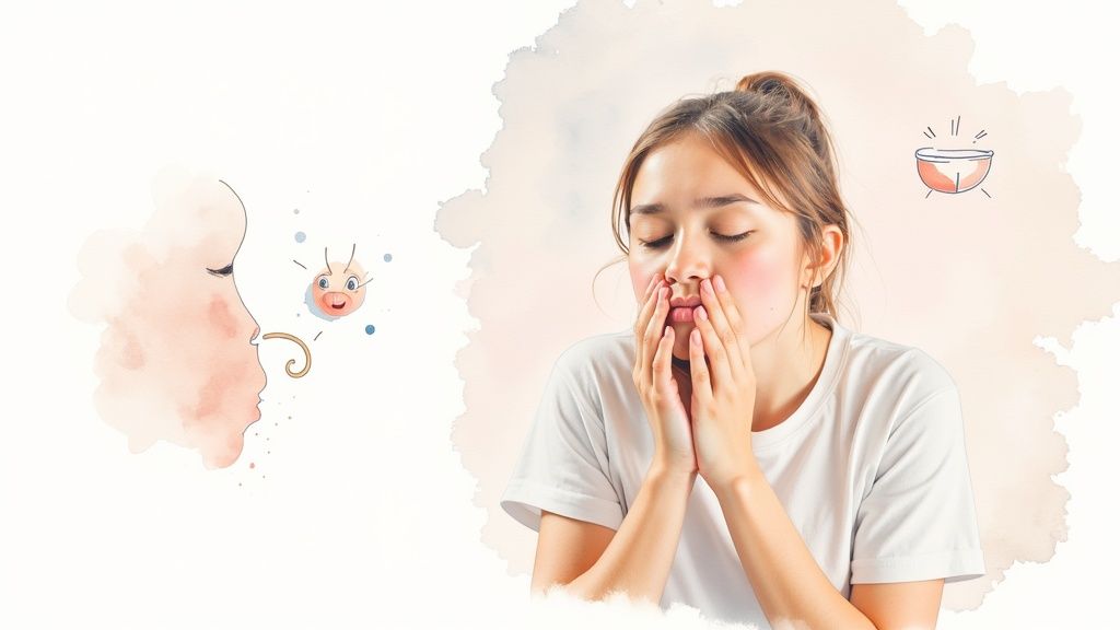 Femme se bouchant le nez avec illustration de vapeur et bol d'eau chaude pour déboucher les oreilles