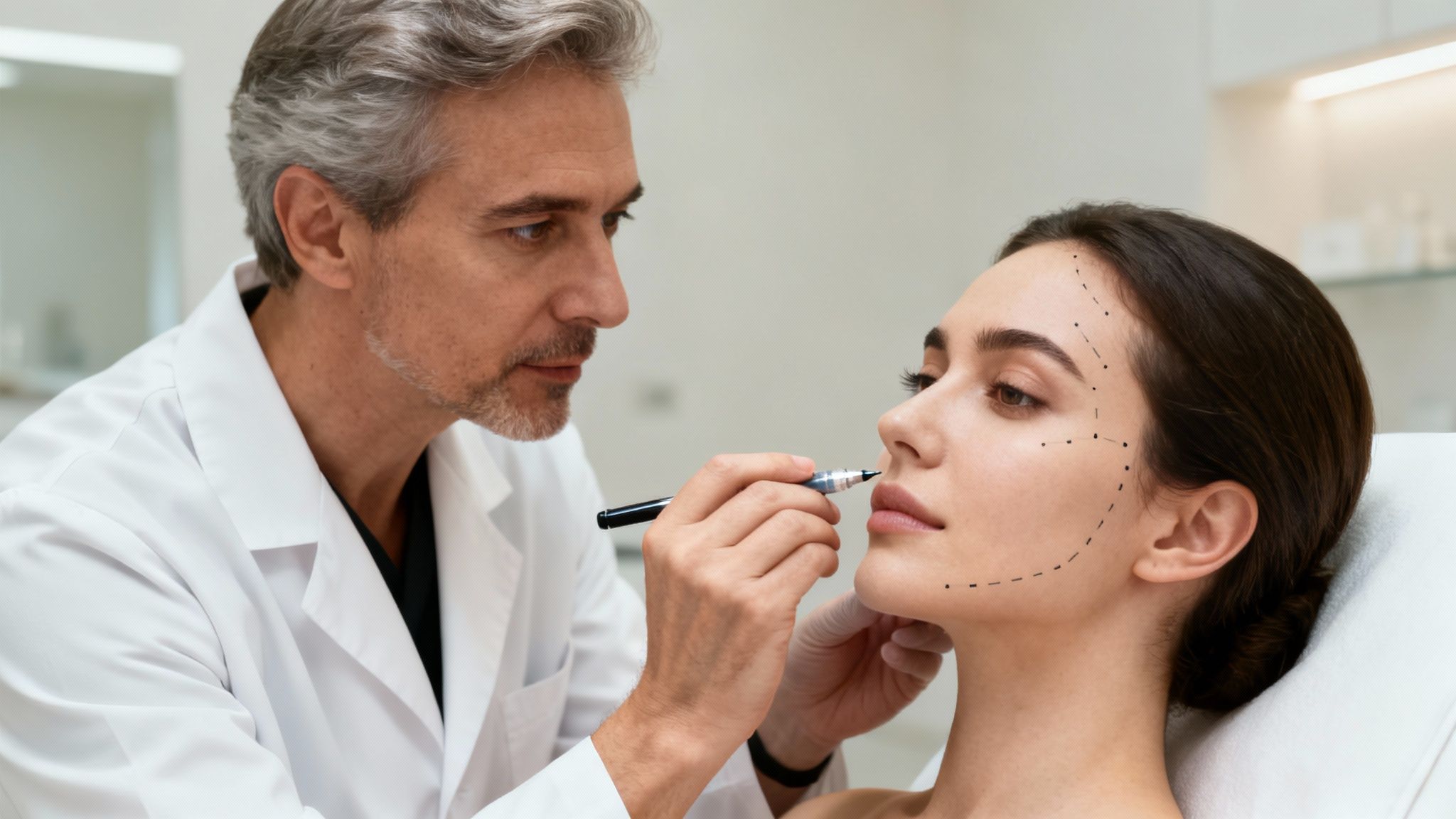 A male doctor in a white coat marks a young woman's face with lines for a cosmetic procedure.