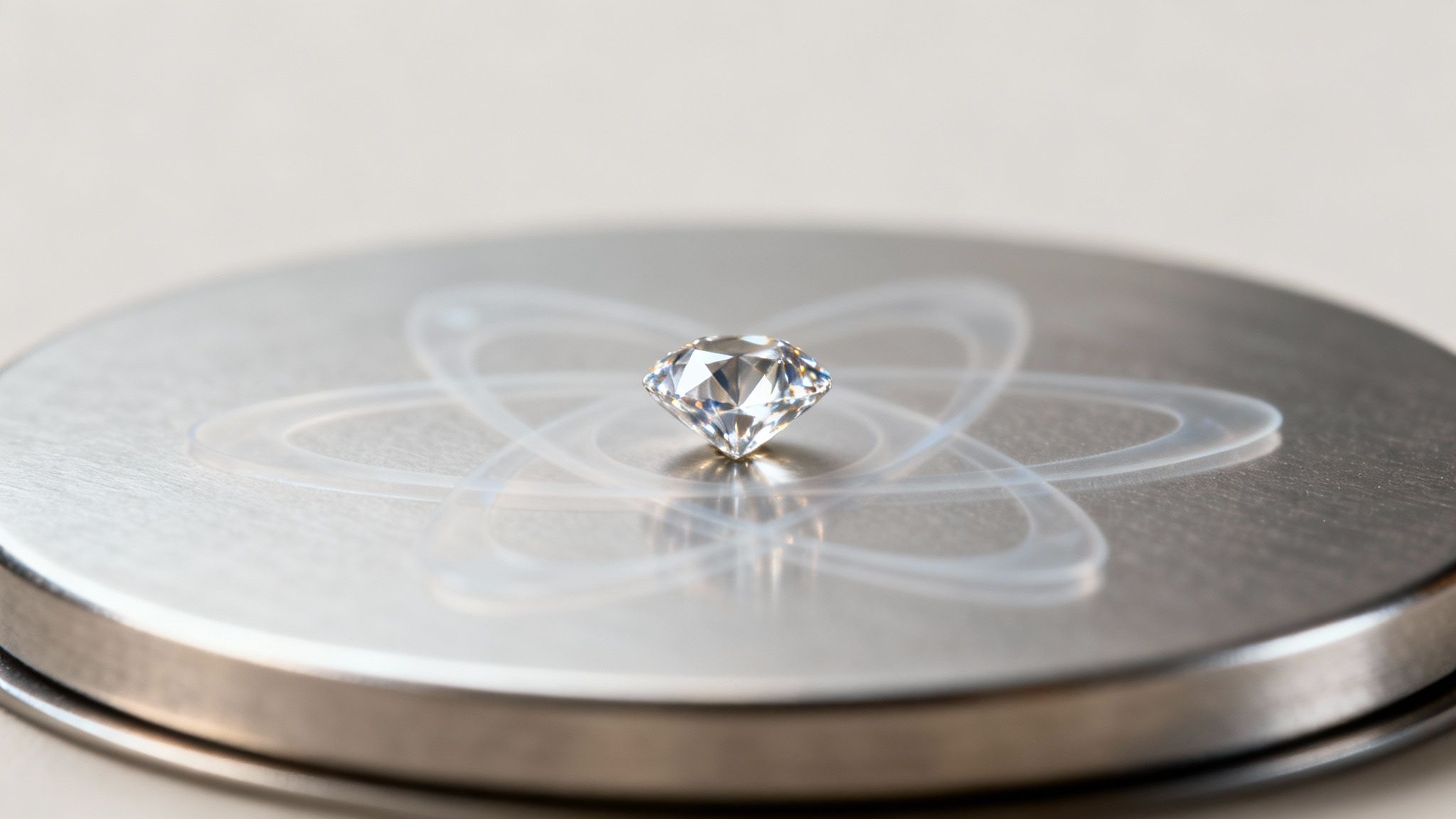 A brilliant faceted diamond gem rests on a reflective brushed metal surface with a subtle light pattern.