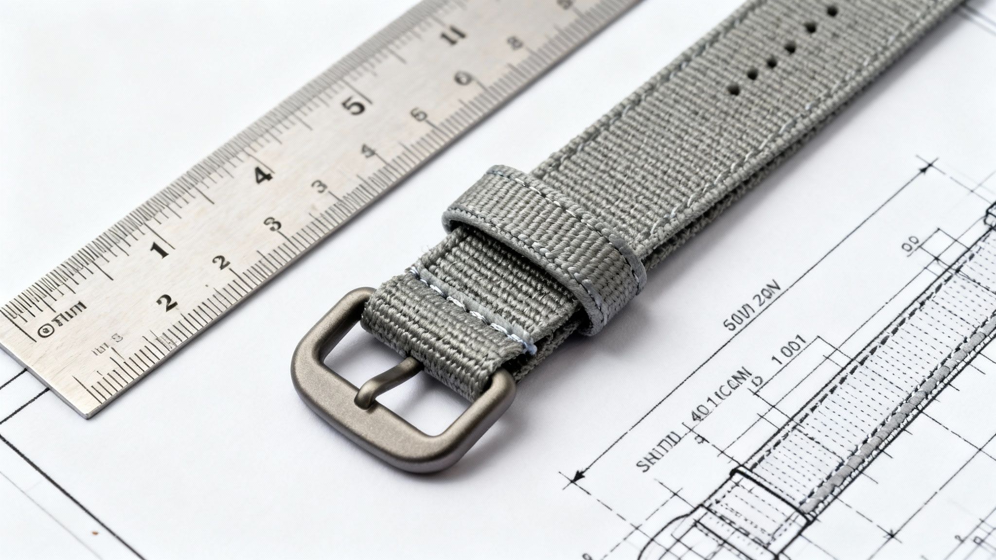 Grey NATO watch strap and metal ruler on a technical drawing, emphasizing watch design and measurement.