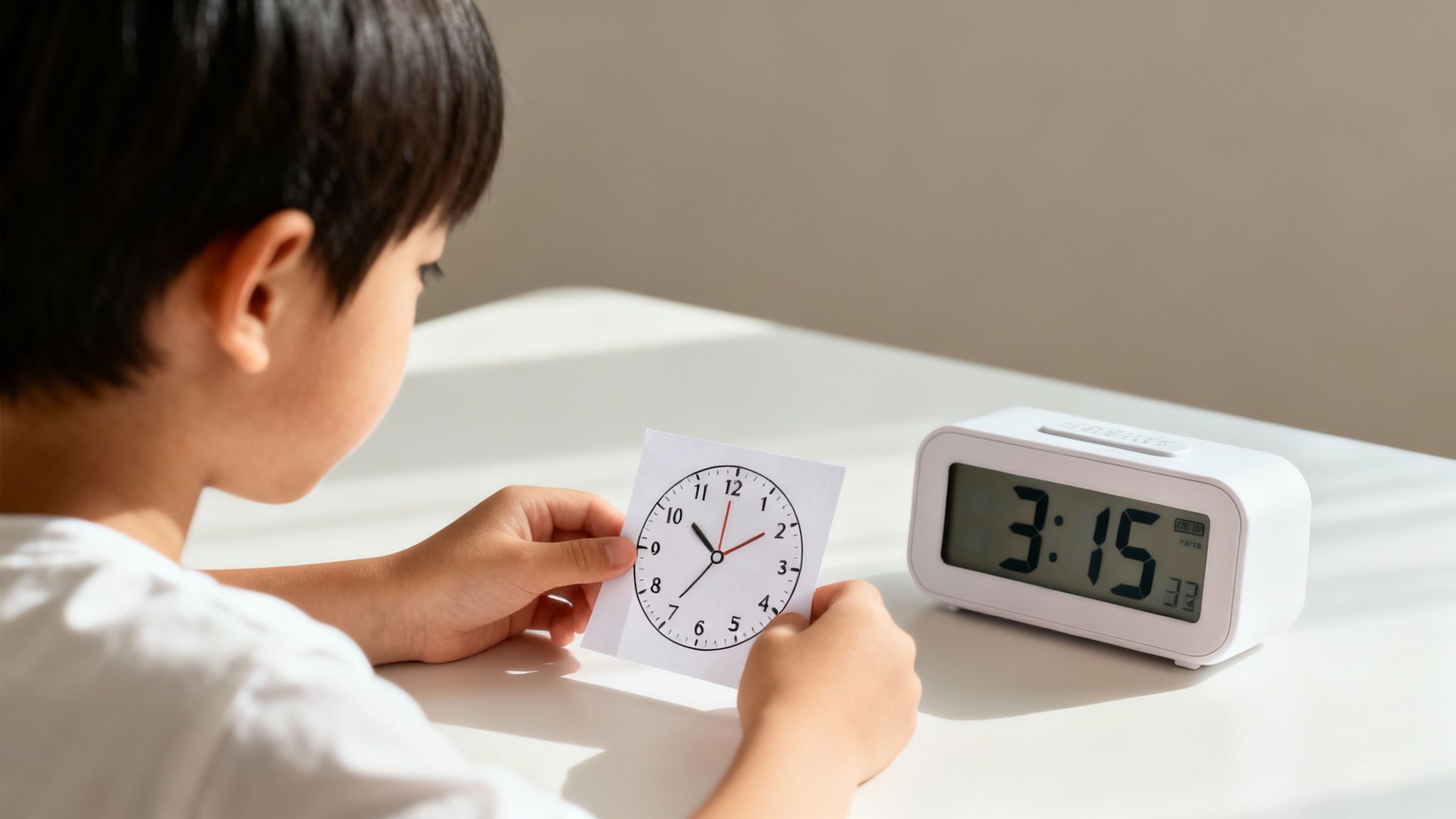 A child learns to tell time, holding a paper clock next to a digital alarm clock.