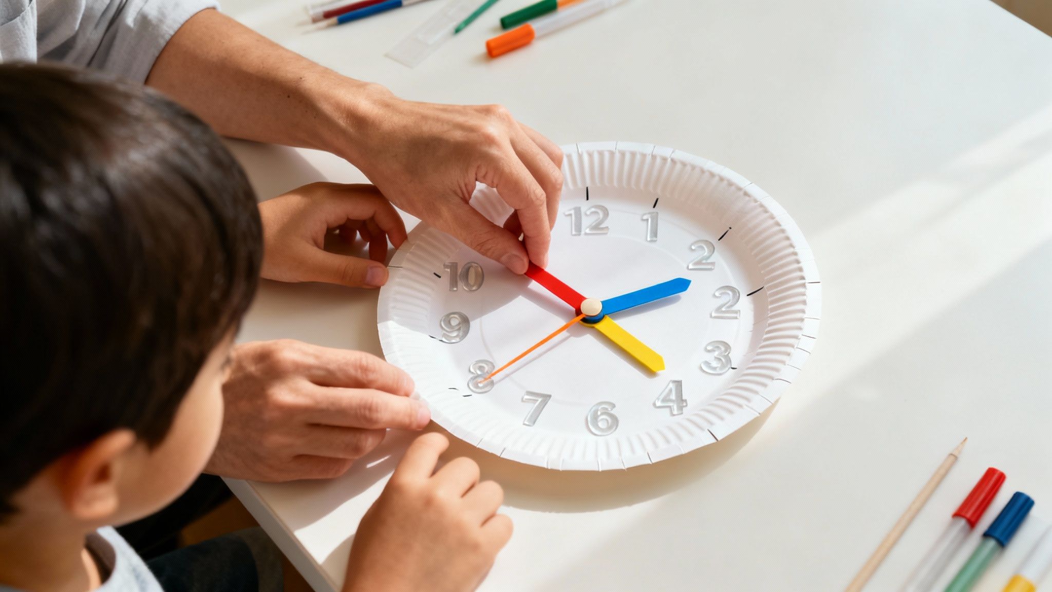 A colourful paper plate clock with moveable hands, being held by a child.