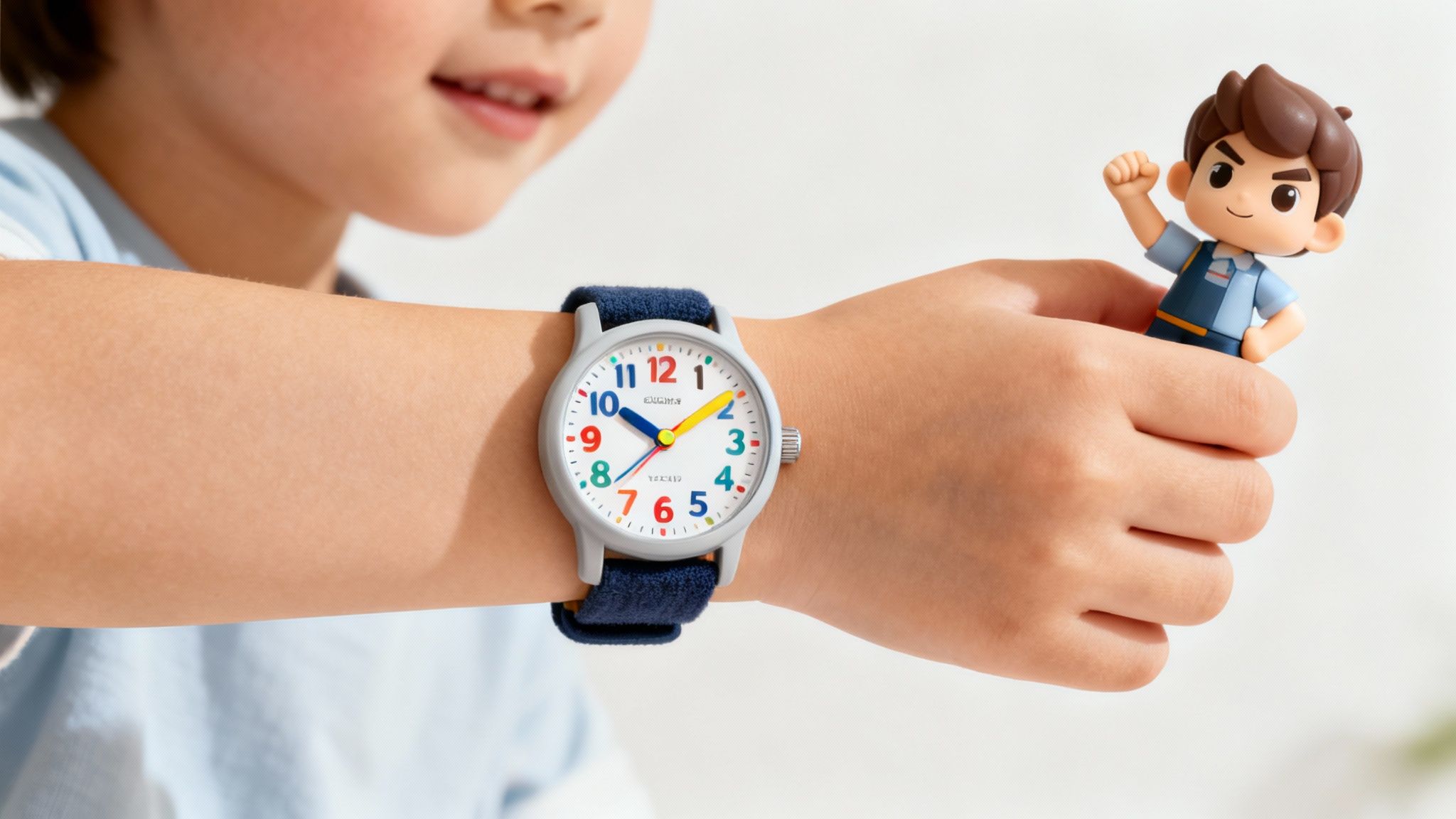 A child proudly shows off a colourful new analogue watch on their wrist.