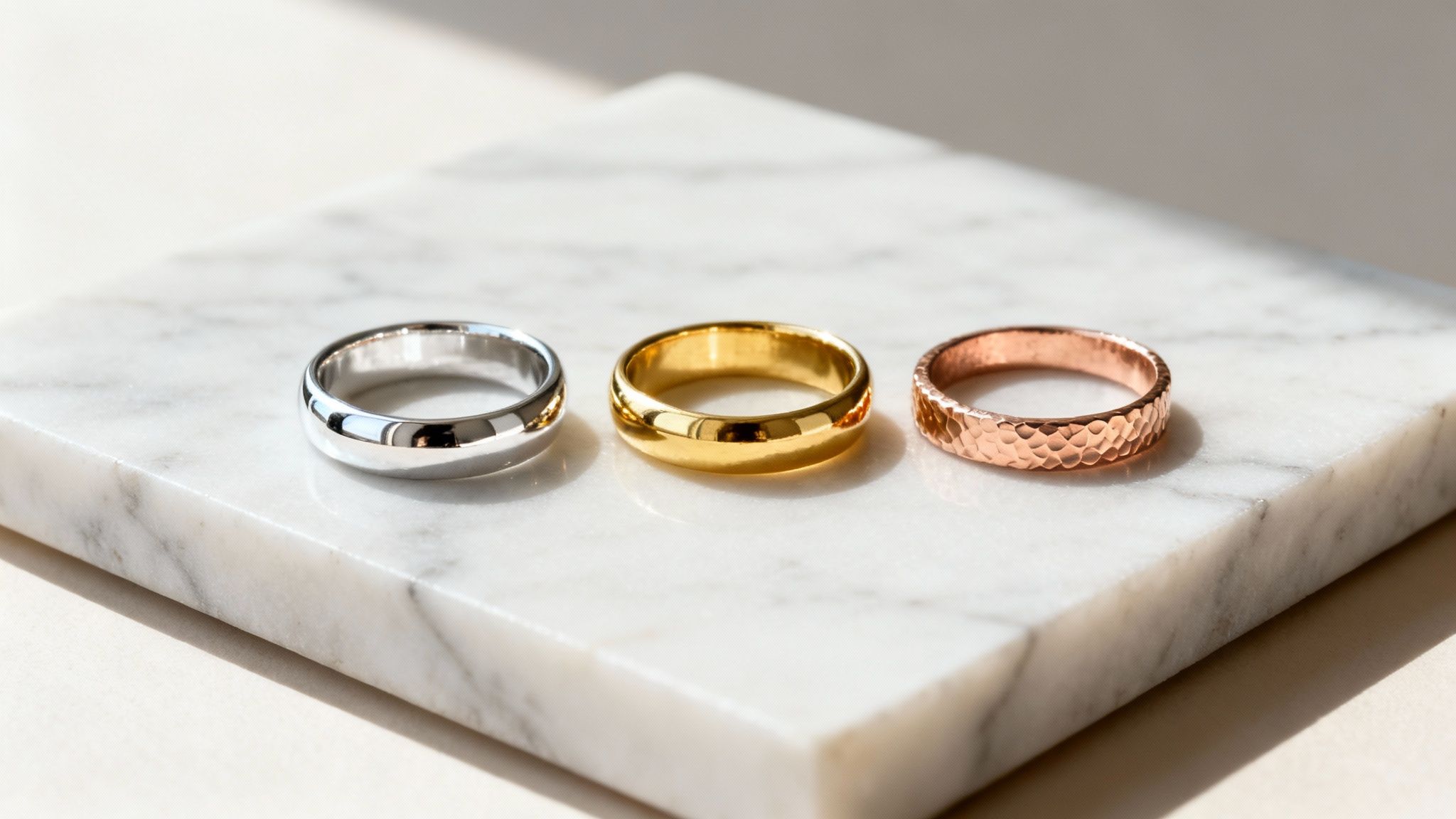 Three elegant metallic wedding bands in silver, gold, and hammered rose gold on white marble.