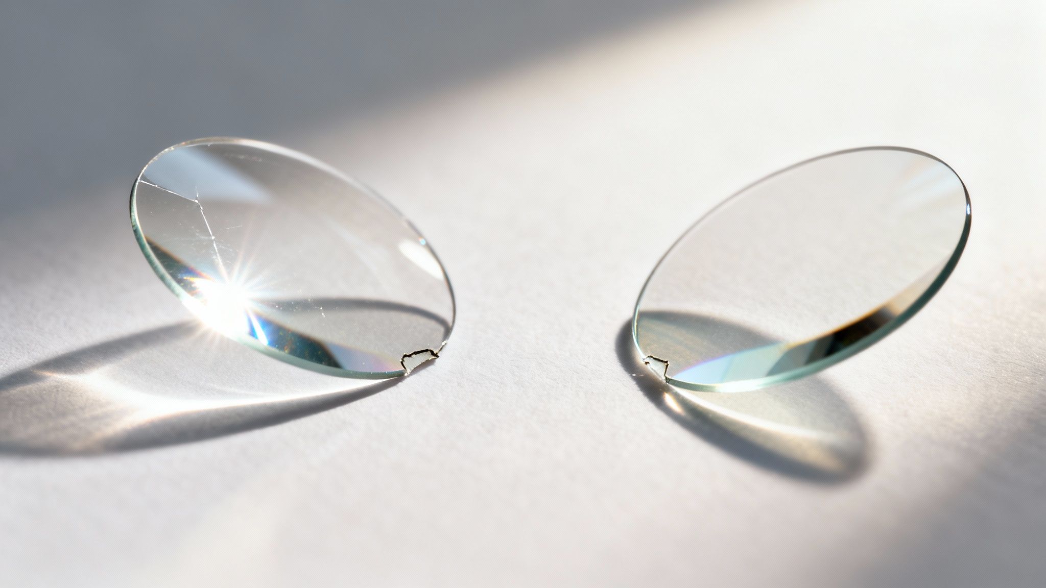 Close-up of two clear, round glass lenses, one cracked, reflecting light on a white surface.