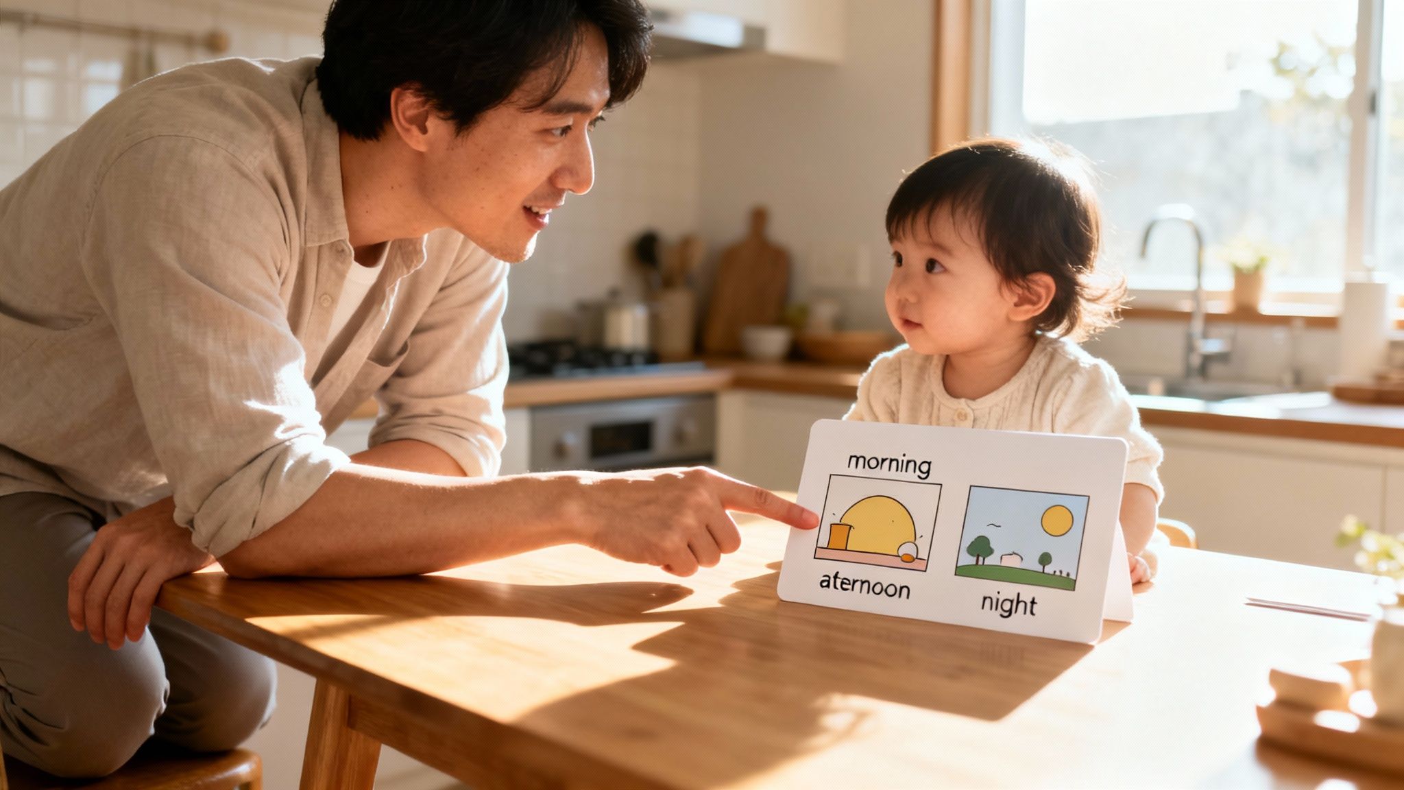 A father points to 'afternoon' on a flashcard while teaching his baby about times of day.