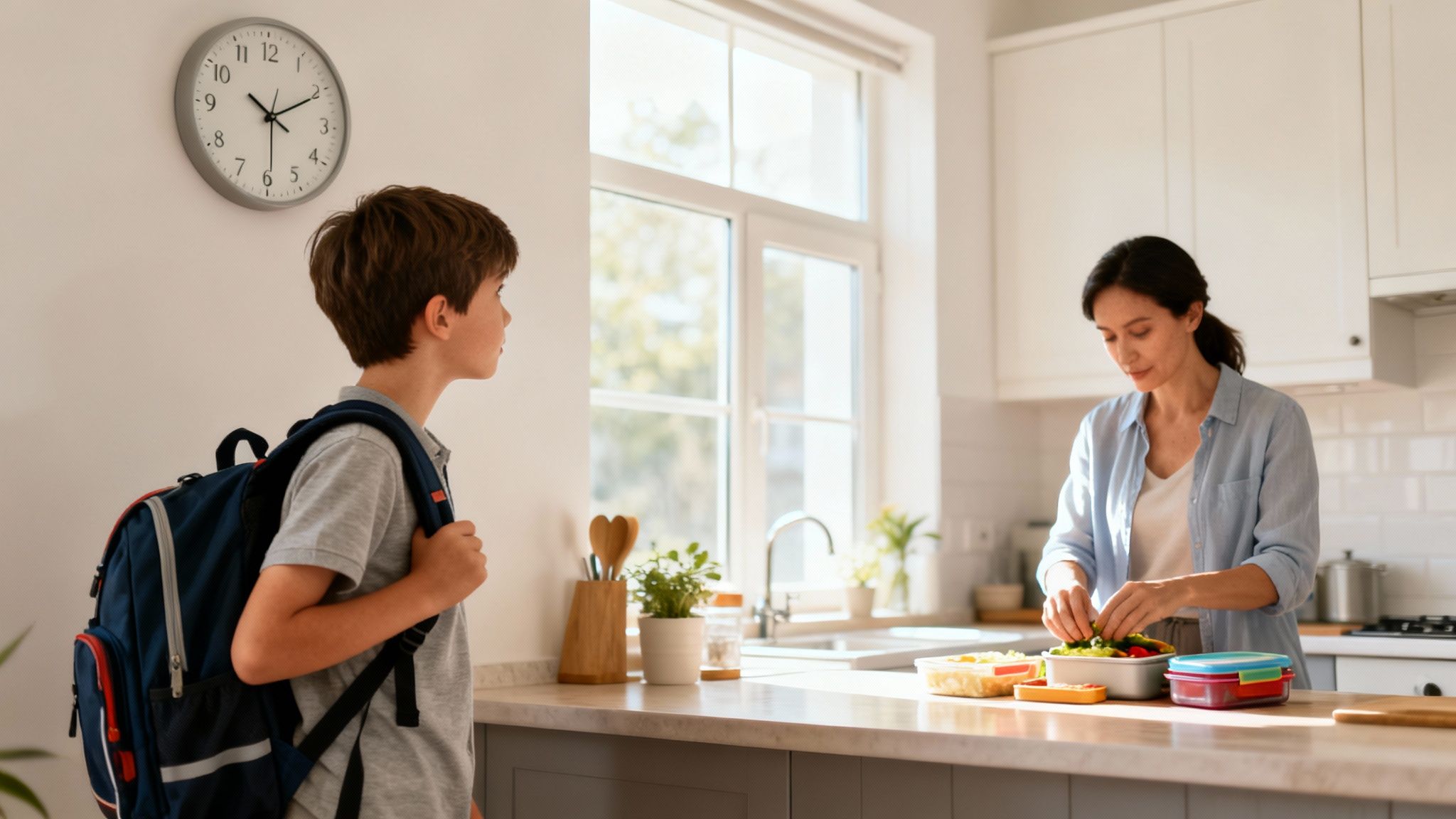 A young boy with a backpack watches his mother prepare school lunches in a bright kitchen.