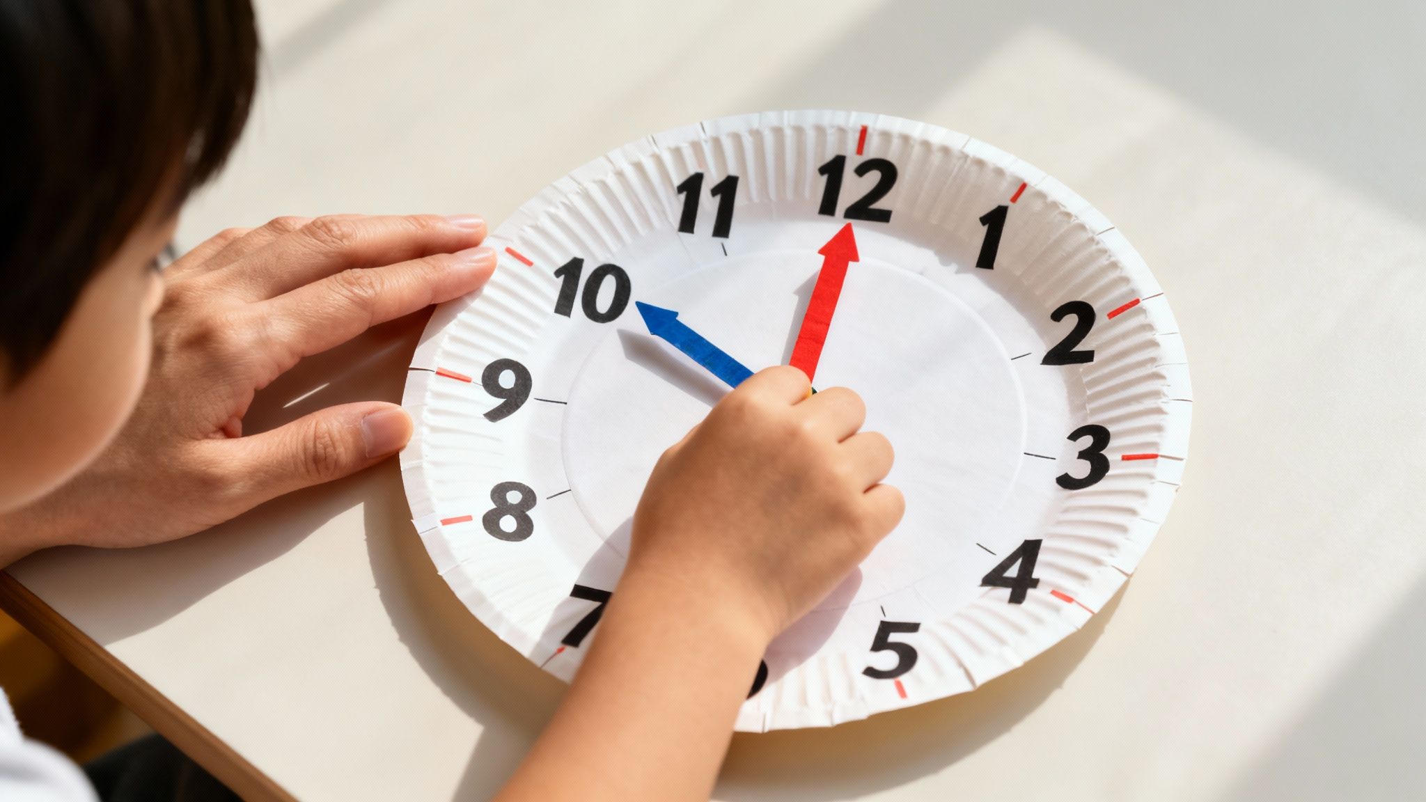 A child learns to tell time using a handmade paper plate clock with colorful hands.