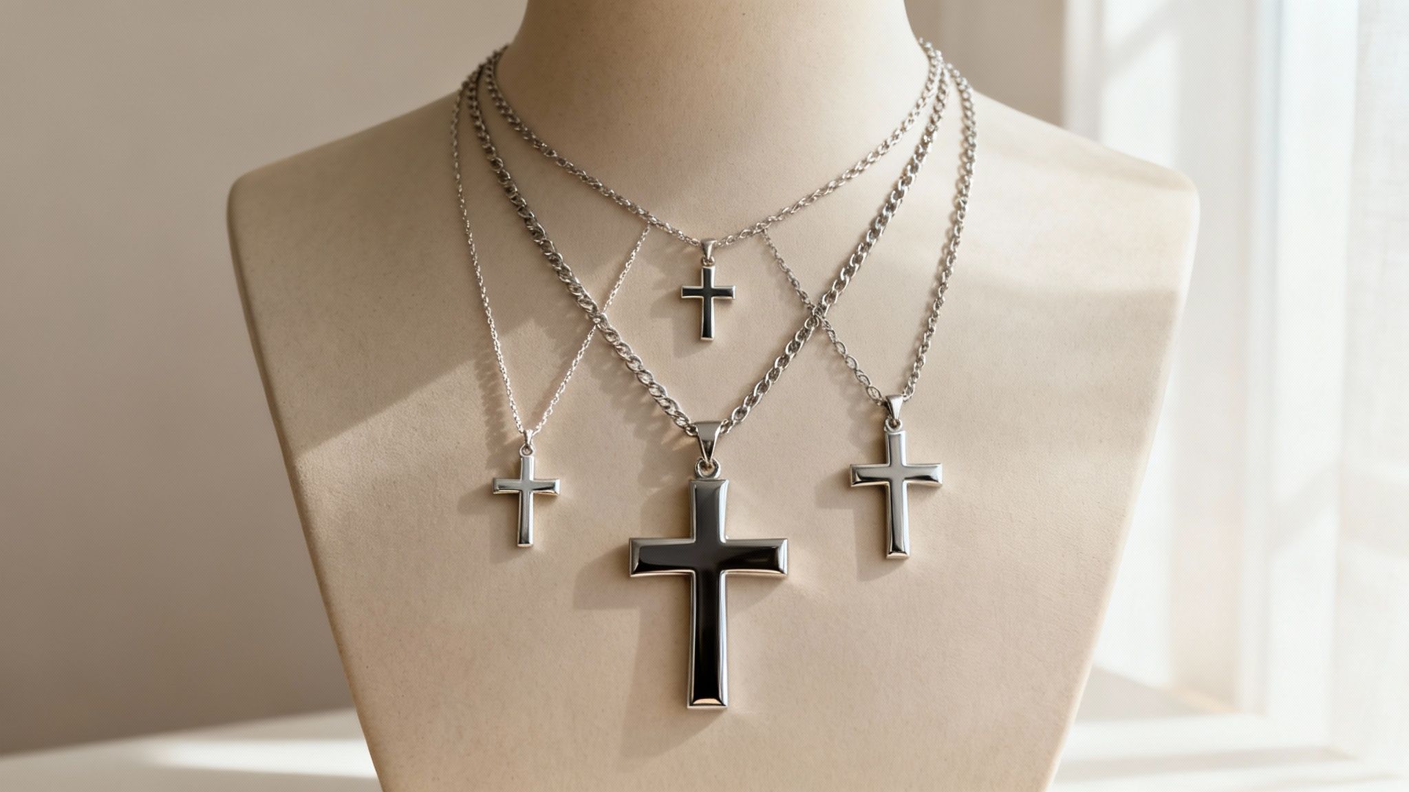 A person's hand holding a silver cross pendant necklace against a neutral background