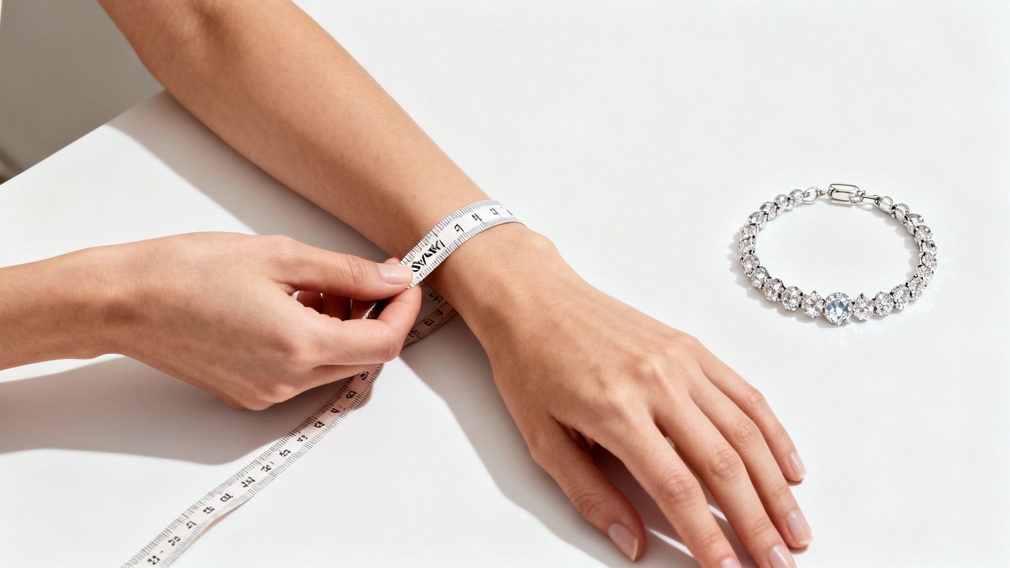A person measures their wrist with a tape measure, next to a dazzling tennis bracelet.