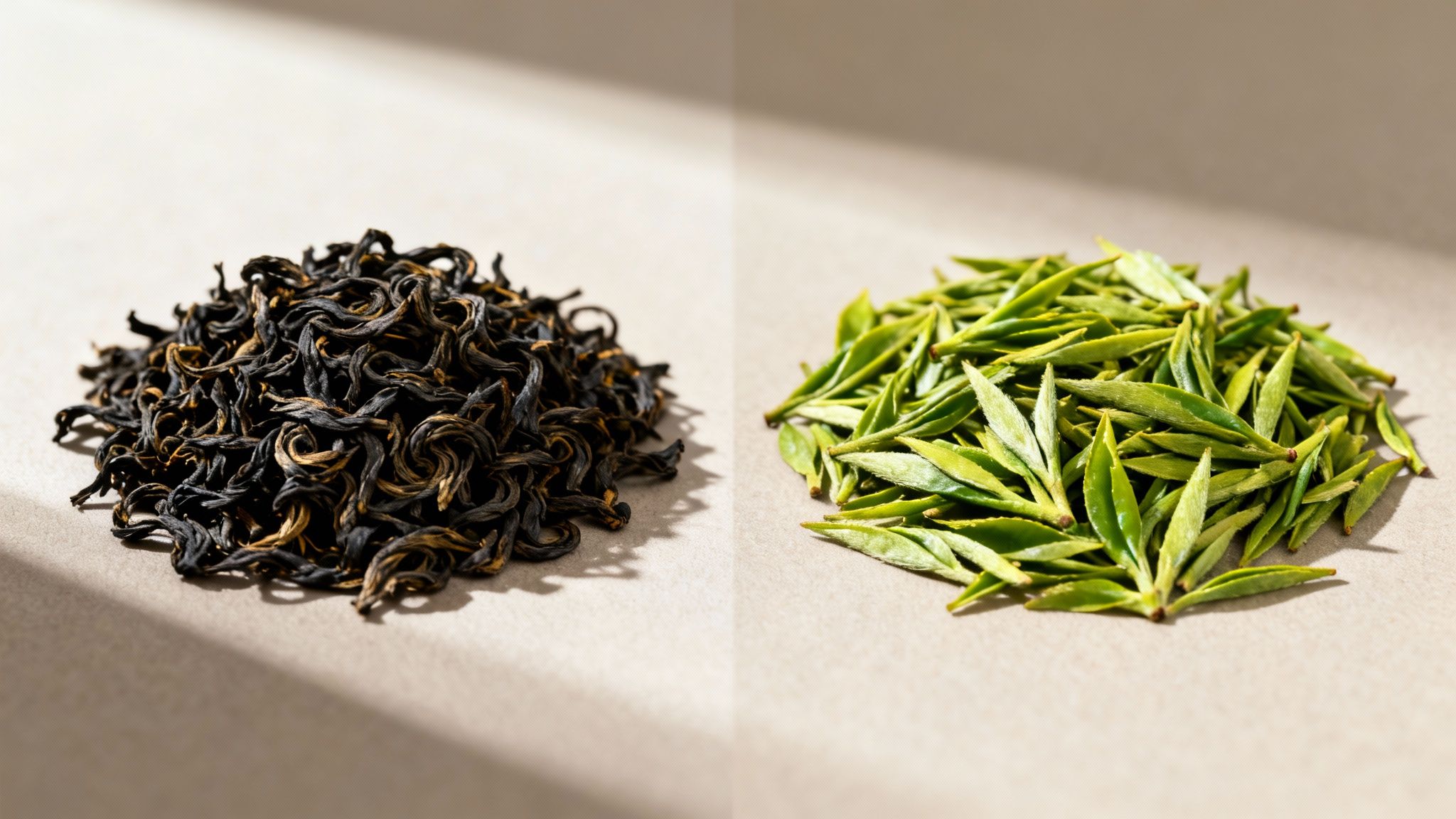 Two distinct piles of tea leaves: dark twisted black tea and vibrant green tea leaves.