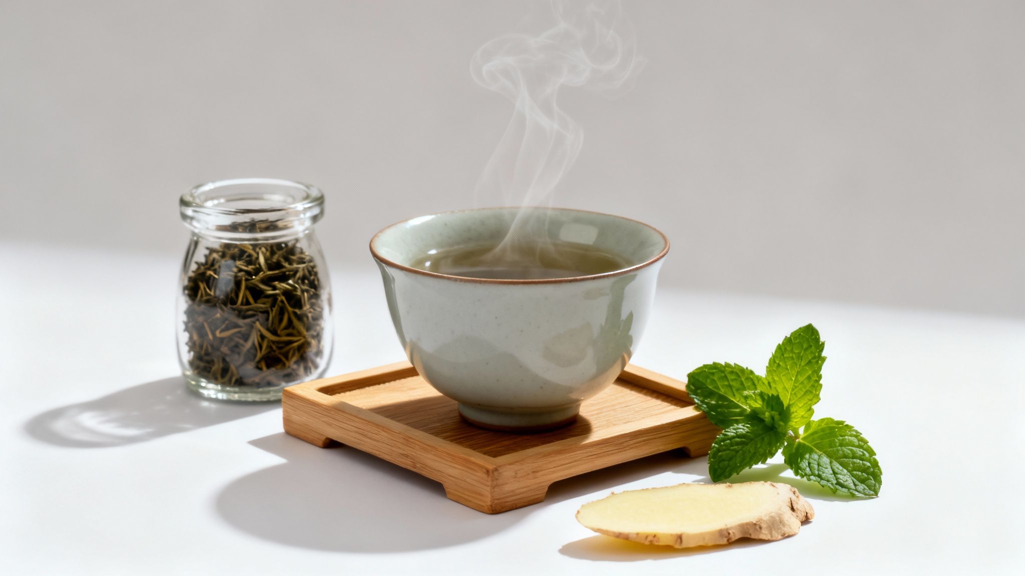 Steaming cup of tea, a jar of loose leaf tea, fresh mint, and ginger on a white surface.