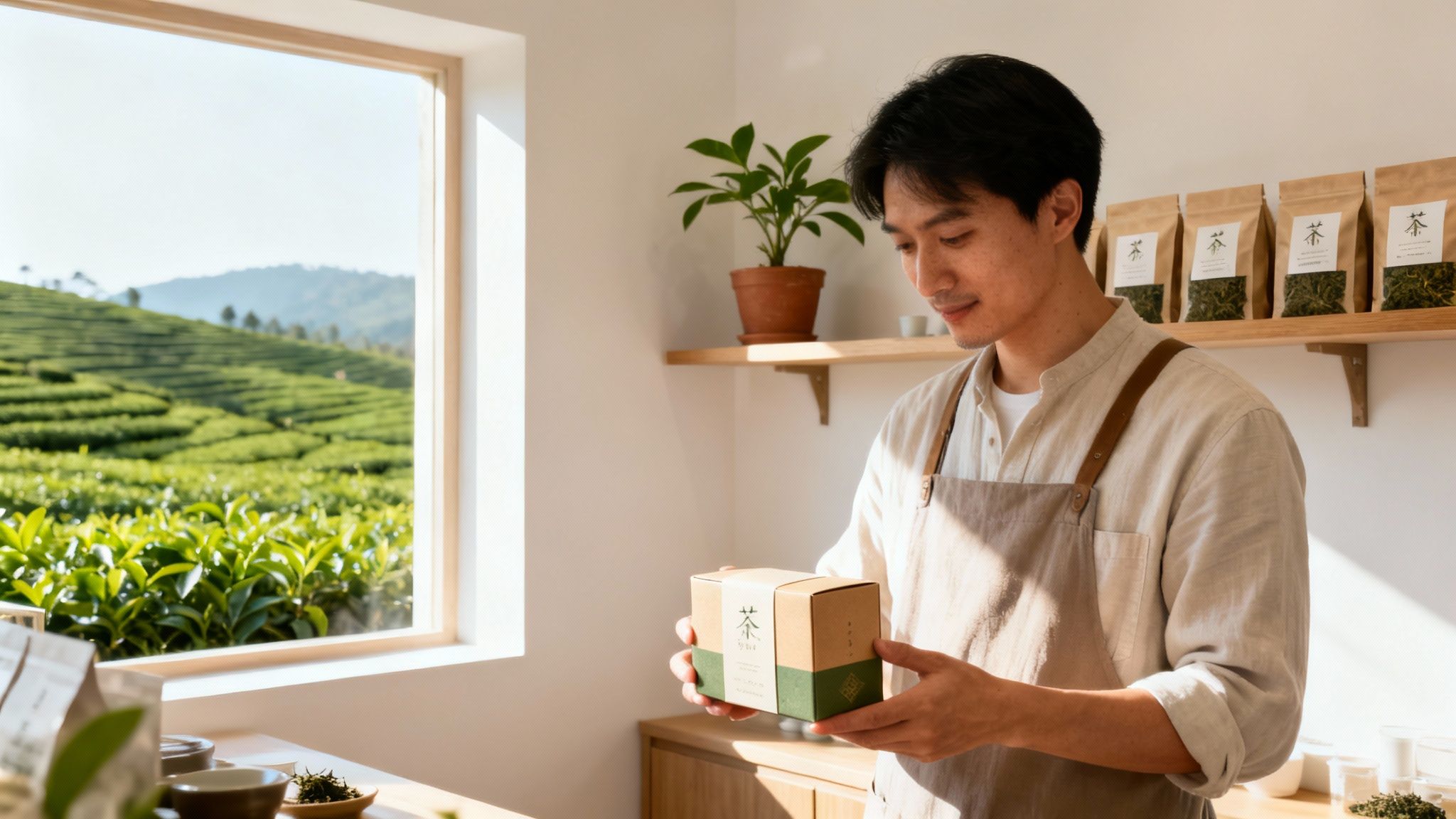 A man holds a tea box in a bright room overlooking a vibrant green tea plantation.