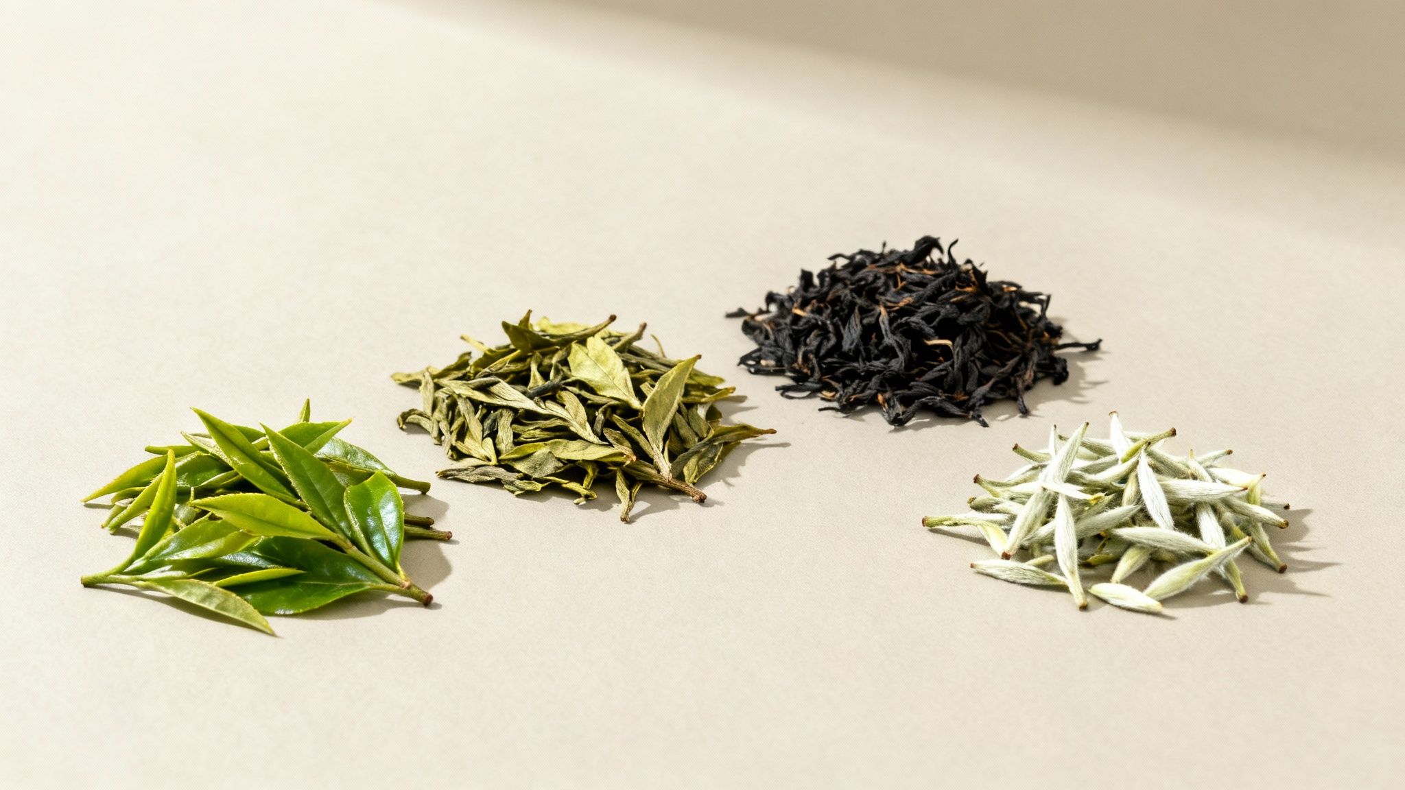 Various types of loose-leaf tea, including black, green, and white, displayed in small bowls.