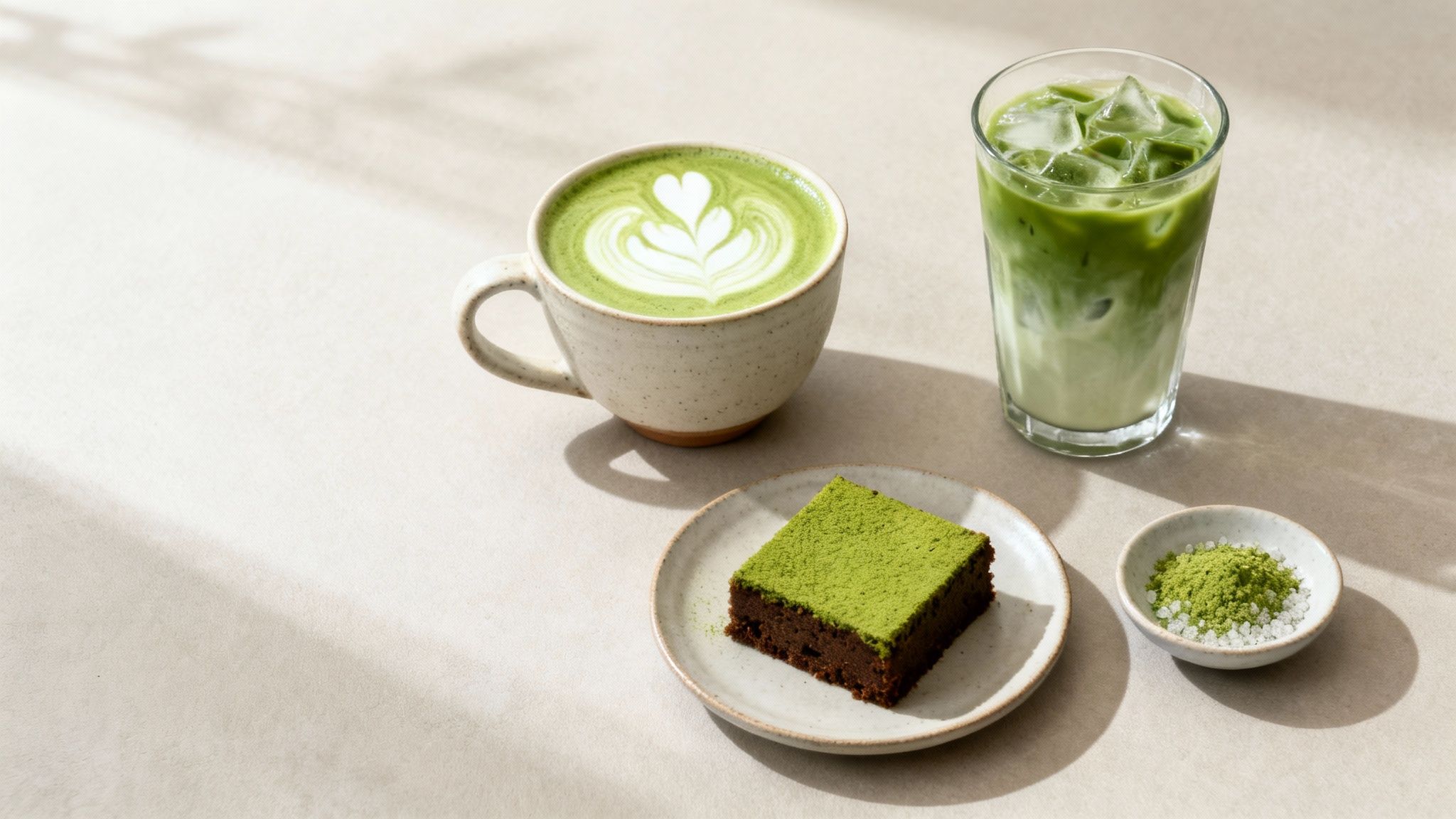 A warm matcha latte with latte art, an iced matcha latte, a matcha brownie, and a bowl of matcha powder and sugar.