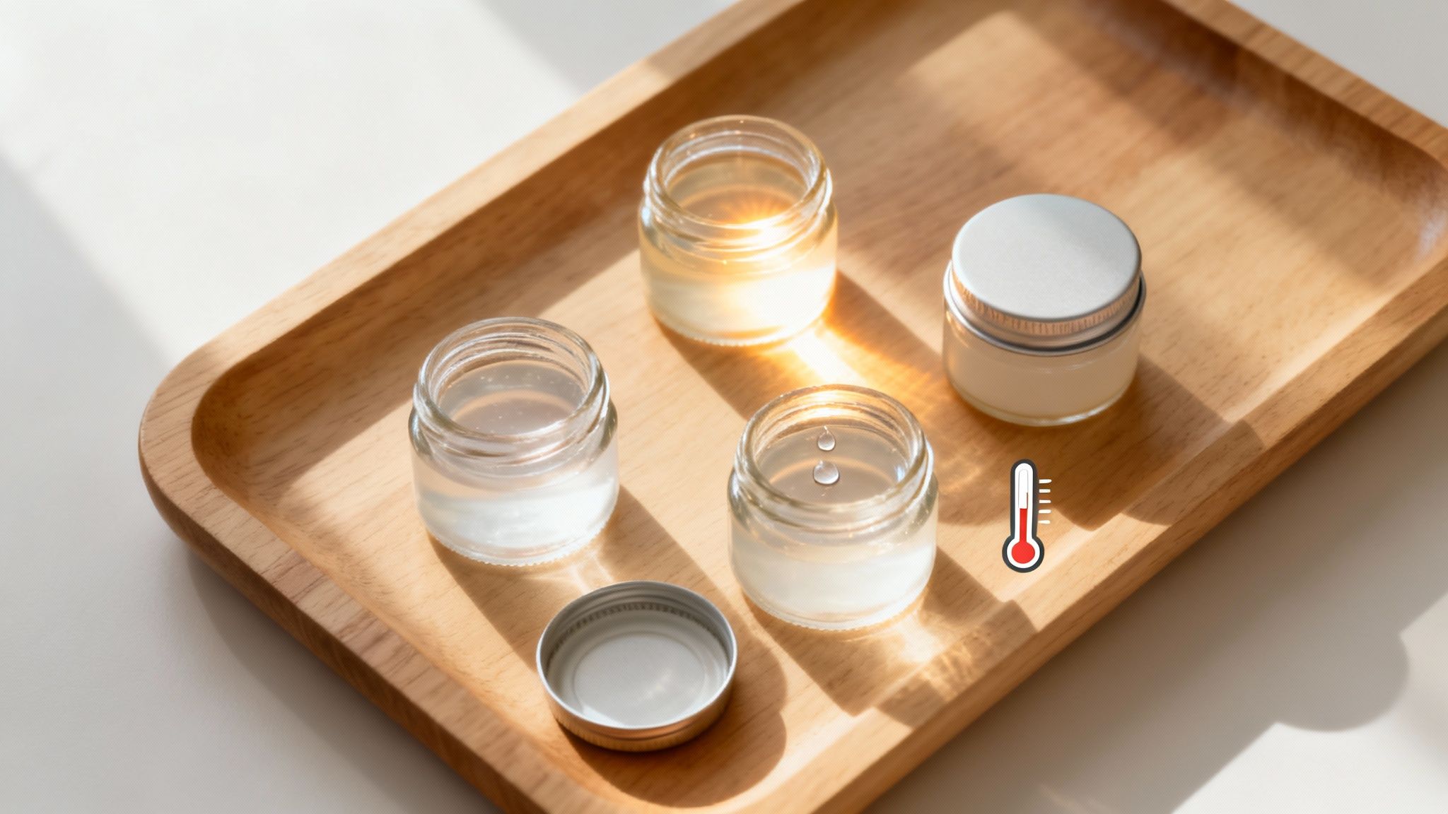 Five small jars with various liquids and creams on a wooden tray, with a thermometer icon.