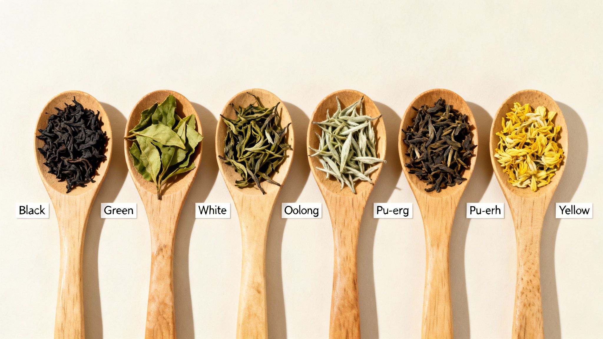 Assortment of seven tea types in wooden spoons: black, green, white, oolong, pu-erg, pu-erh, yellow.