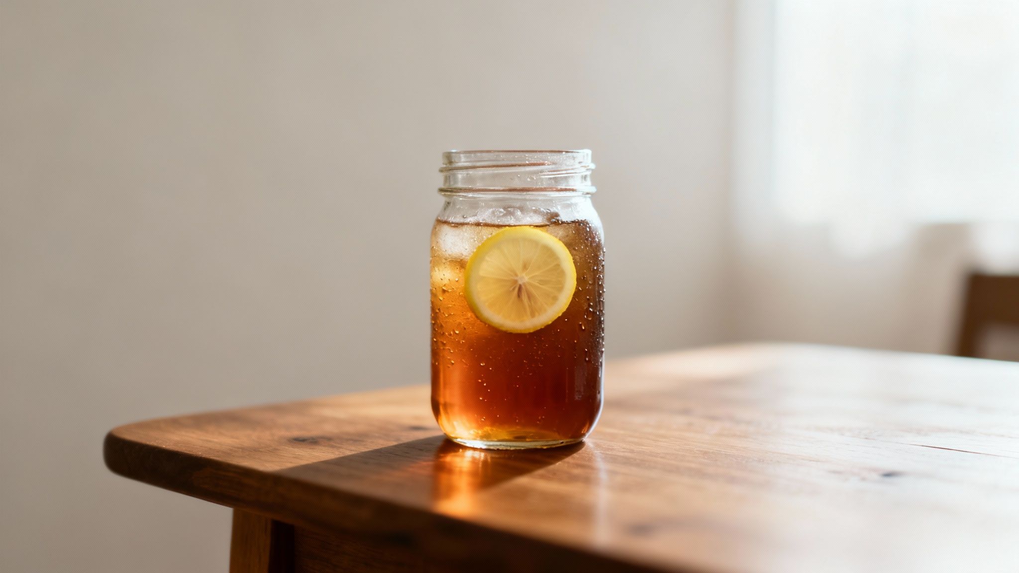 A condensation-covered glass of iced tea with a lemon slice sits on a warm wooden table.