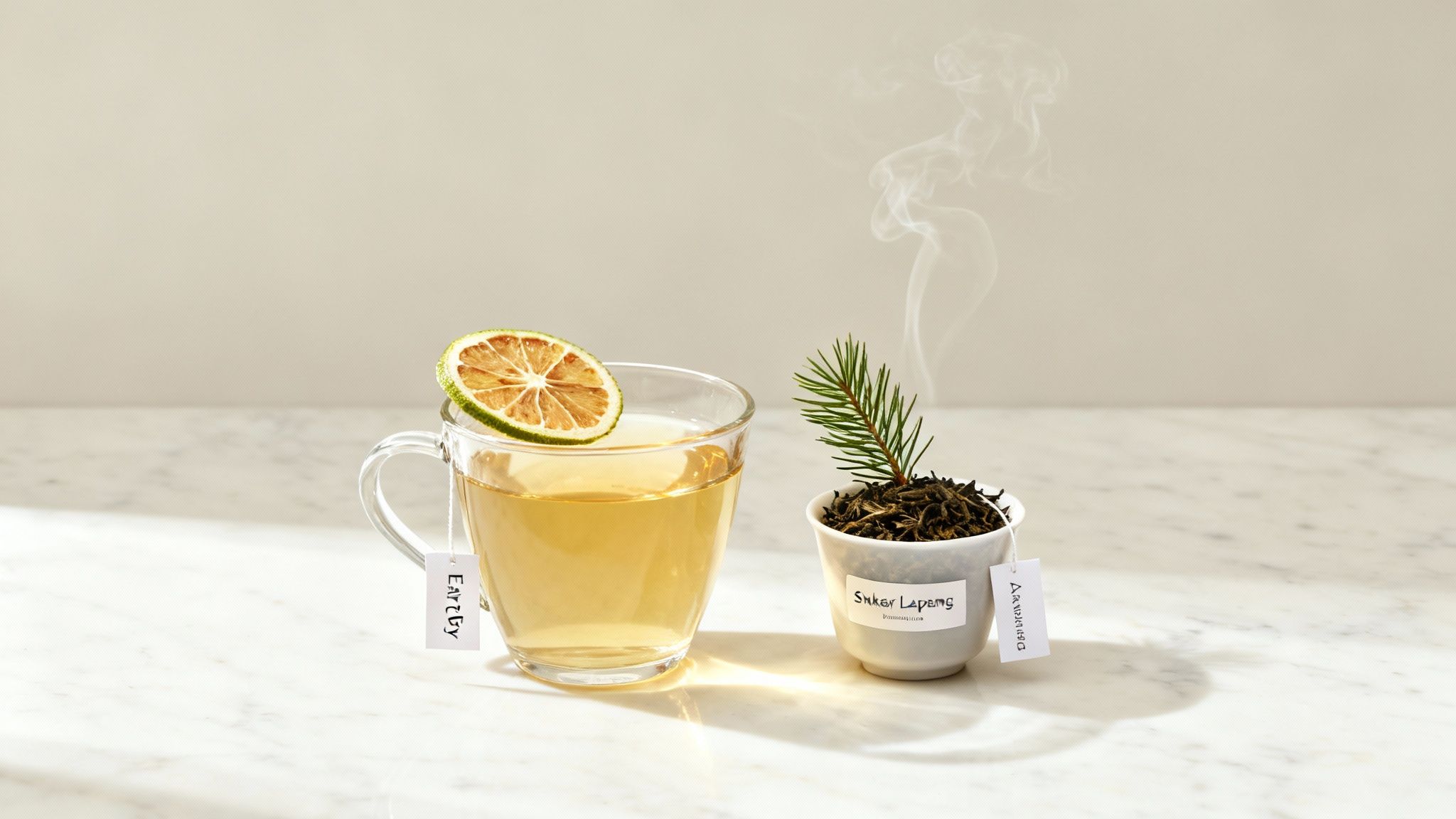 Glass cup of brewed black tea with dried lemon slice and loose tea leaves in ceramic container