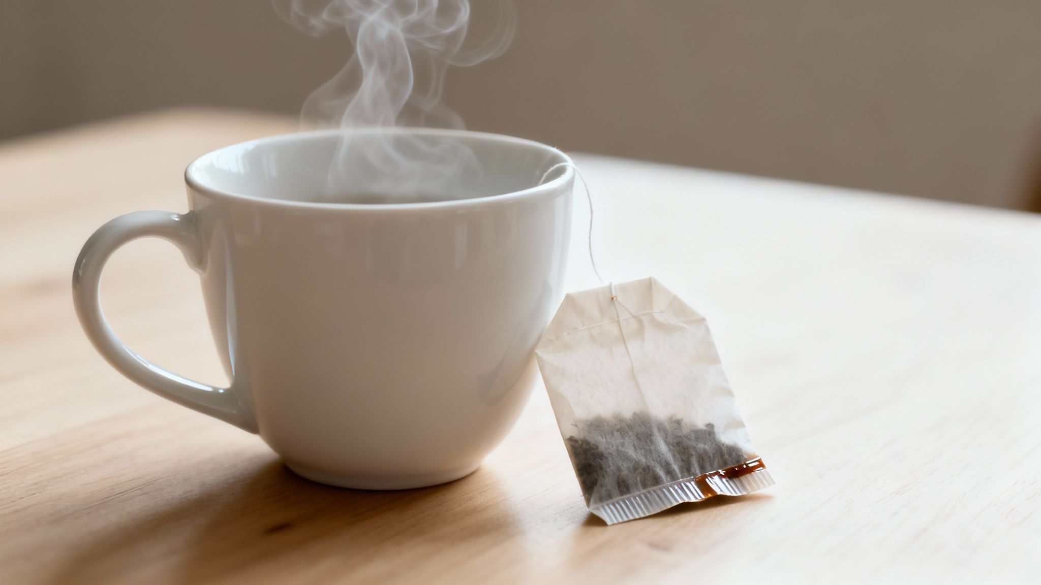 A steaming hot cup of tea in a white mug with a traditional tea bag on a wooden table.