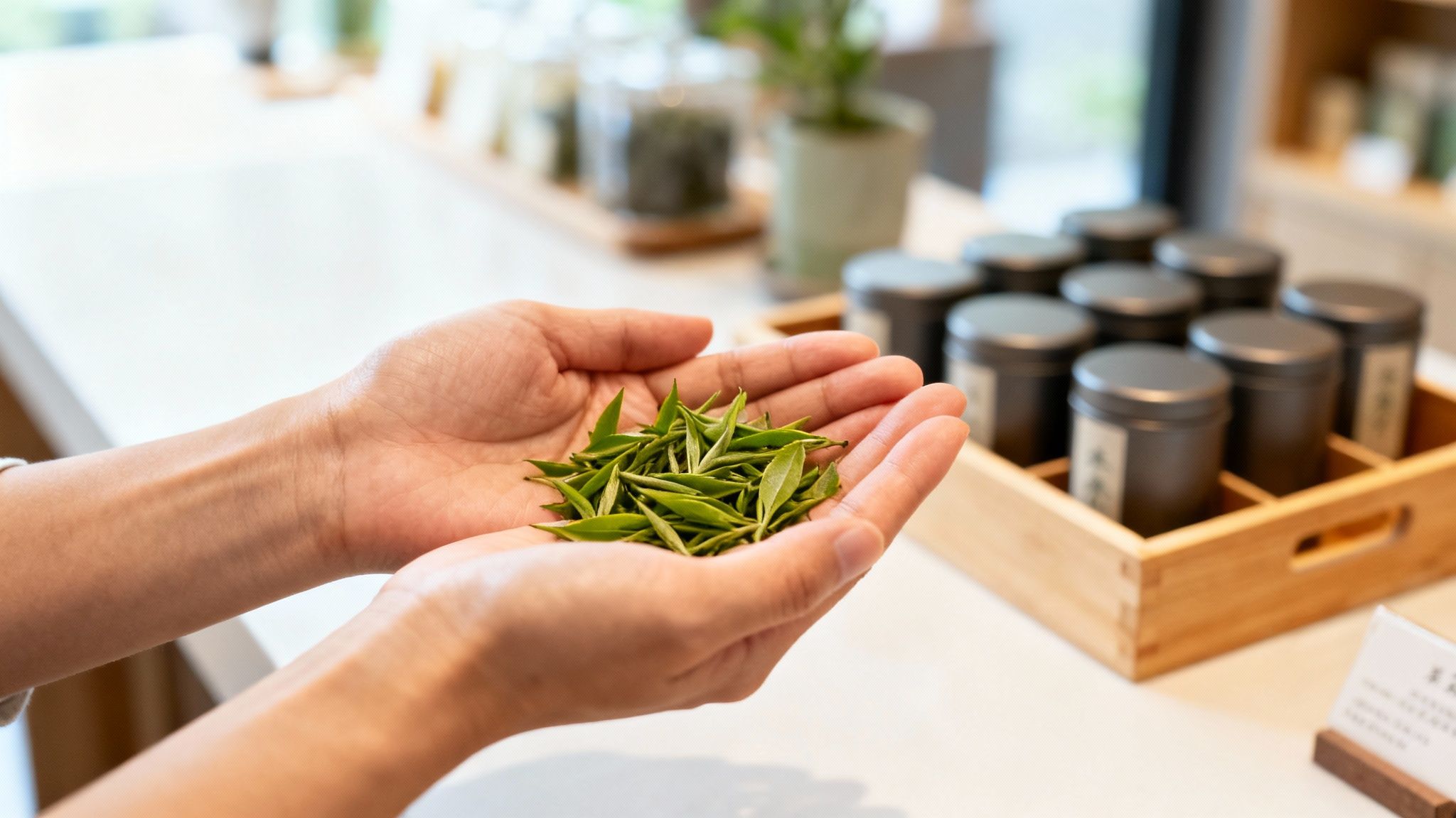 Hands gently cup a pile of freshly picked green tea leaves, surrounded by tea products.